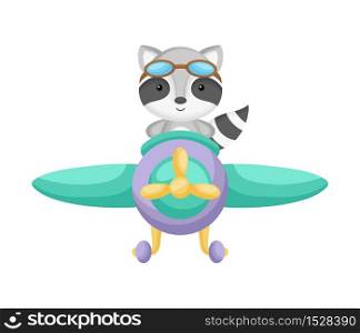 Cute raccoon pilot wearing aviator goggles flying an airplane. Graphic element for childrens book, album, scrapbook, postcard, mobile game. Flat vector stock illustration isolated on white background.