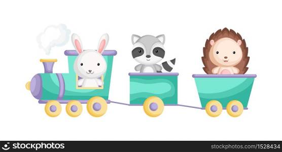 Cute raccoon, rabbit and hedgehog ride on train. Graphic element for childrens book, album, scrapbook, postcard or mobile game. Zoo theme. Flat vector illustration isolated on white background.