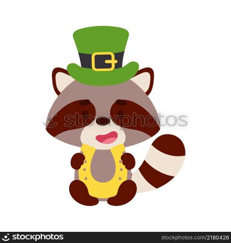 Cute raccoon St. Patrick&rsquo;s Day leprechaun hat holds horseshoe. Irish holiday folklore theme. Cartoon design for cards, decor, shirt, invitation. Vector stock illustration.