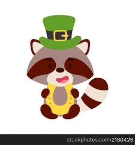 Cute raccoon St. Patrick&rsquo;s Day leprechaun hat holds horseshoe. Irish holiday folklore theme. Cartoon design for cards, decor, shirt, invitation. Vector stock illustration.