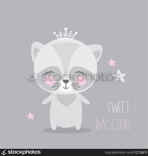 Cute raccoon with crown,adorable wildlife,doodle poster,vector illustration
