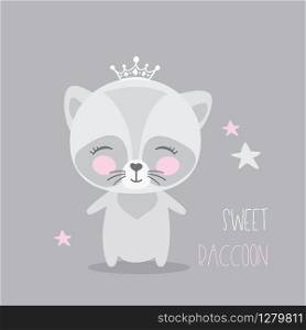Cute raccoon with crown,adorable wildlife,doodle poster,vector illustration