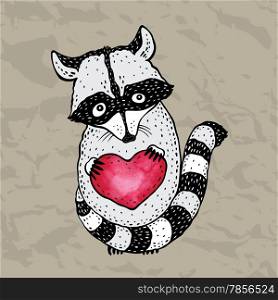 Cute raccoon with heart in hands. Hand Drawn vector illustration.