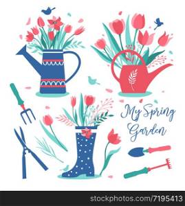 Cute rain boots with flowers and gardening tools set. Rubber boots with bouquets.. Cute rain boots and watering can with flowers and gardening tools set. Rubber boots with bouquets. Cartoon flat style vector illustration. Garden plants-tulips. Spring and summer collection.