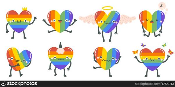 Cute rainbow hearts. Happy smiling lgbtq rainbow heart characters, gay pride rainbow heart mascots. Hand drawn lgbt heart emoji vector illustration set. Character with wings, crow, butterfly. Cute rainbow hearts. Happy smiling lgbtq rainbow heart characters, gay pride rainbow heart mascots. Hand drawn lgbt heart emoji vector illustration set