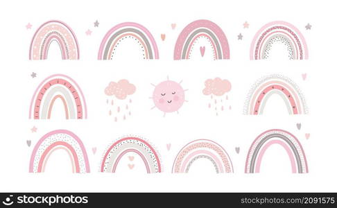 Cute rainbow vector pastel set on white background printable poster for kids. Scandinavian rainbow for children&rsquo;s room wall decor.. Rainbow Cute vector pastel set on white background printable poster for kids.