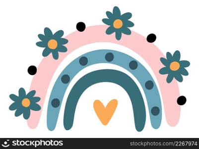 Cute rainbow with flowers and heart symbol in scandinavian style isolated on white background. Cute rainbow with flowers and heart symbol in scandinavian style
