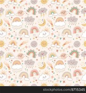 Cute rainbows seamless pattern. Boho style nursery print. Repeated baby elements. Happy smiling sun and moon. Rain cloud. Space star and planet. Cartoon funny weather icons. Recent vector background. Cute rainbows seamless pattern. Boho style nursery print. Repeated baby elements. Smiling sun and moon. Rain cloud. Star and planet. Cartoon funny weather icons. Recent vector background