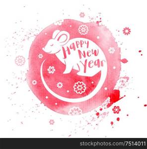 Cute rat symbol of Chinese zodiac for 2020 new year. Silhouette of rat and lettering on a pink watercolor background. Vector illustration