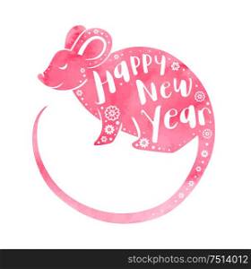 Cute rat symbol of Chinese zodiac for 2020 new year. Pink watercolor silhouette of rat and lettering. Vector illustration