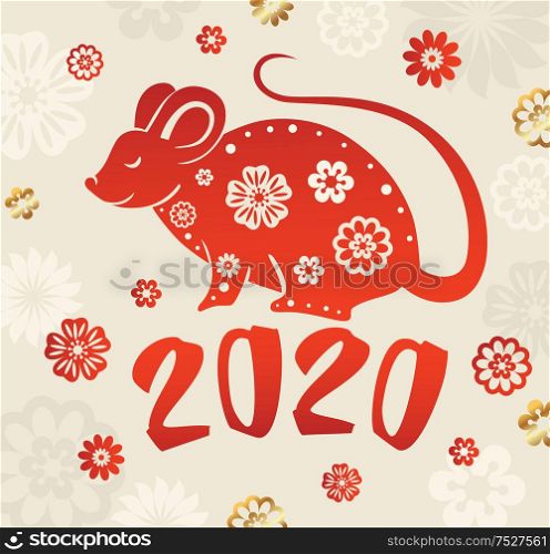 Cute rat symbol of Chinese zodiac for 2020 new year. Red silhouette of rat and flowers. Vector illustration