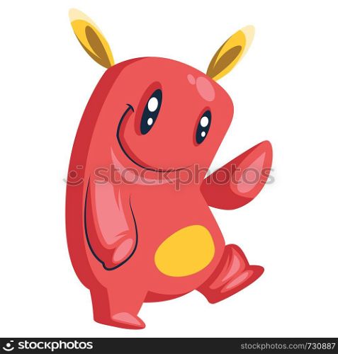 Cute red cartoon monster smiling and waving white background vector illustration.