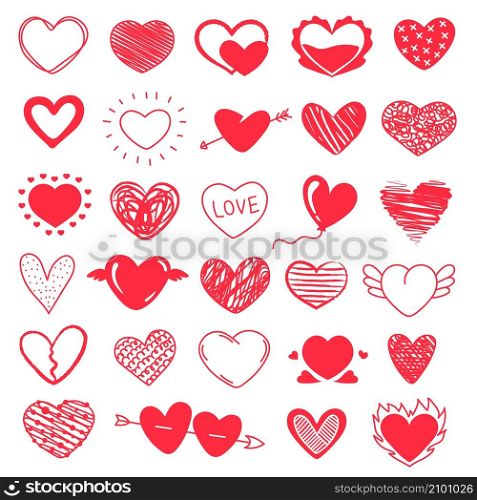 Cute red doodle hearts, hand drawn heart scribbles. Valentine day hearts with wings or arrow, love symbol grunge sketches vector set. Creative romantic symbols of different shapes isolated on white. Cute red doodle hearts, hand drawn heart scribbles. Valentine day hearts with wings or arrow, love symbol grunge sketches vector set
