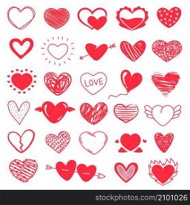 Cute red doodle hearts, hand drawn heart scribbles. Valentine day hearts with wings or arrow, love symbol grunge sketches vector set. Creative romantic symbols of different shapes isolated on white. Cute red doodle hearts, hand drawn heart scribbles. Valentine day hearts with wings or arrow, love symbol grunge sketches vector set