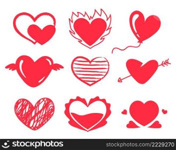 Cute red doodle hearts. Valentine day symbol of love. Romantic holiday hearts with fire, wings, arrow and balloon. Creative striped, full and empty romance shapes isolated vector set. Cute red doodle hearts. Valentine day symbol of love. Romantic holiday hearts with fire, wings, arrow and balloon