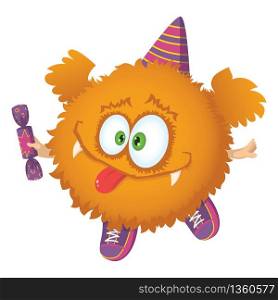 Cute red fluffy character with wings, sneakers, party cap and candy. Vector illustration isolated on white background. Halloween character.