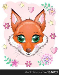 Cute red fox muzzle on a background of flowers.. Cute red fox muzzle on a background of flowers
