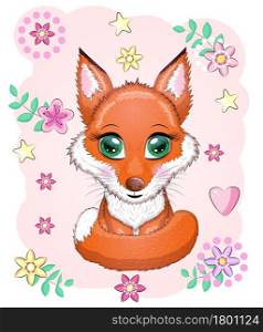 Cute red fox with a fluffy tail among flowers, children&rsquo;s theme.. Cute red fox with a fluffy tail among flowers, children&rsquo;s theme