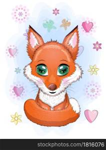 Cute red fox with a fluffy tail among flowers, children&rsquo;s theme.. Cute red fox with a fluffy tail among flowers, children&rsquo;s theme