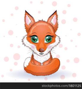 Cute red fox with a fluffy tail, children&rsquo;s theme.. Cute red fox with a fluffy tail, children&rsquo;s theme