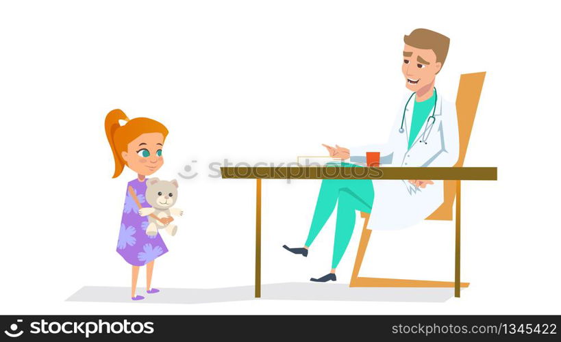Cute Red Hair Girl with Bear in Pediatrician Doctor Office Waiting for Check Up. Flat Vector Illustration of Paediatrician Therapist Appointment in Hospital Room. Cute Cartoon Characters Design.. Girl in Pediatrician Doctor Office. Flat Vector.