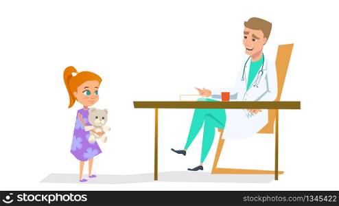 Cute Red Hair Girl with Bear in Pediatrician Doctor Office Waiting for Check Up. Flat Vector Illustration of Paediatrician Therapist Appointment in Hospital Room. Cute Cartoon Characters Design.. Girl in Pediatrician Doctor Office. Flat Vector.