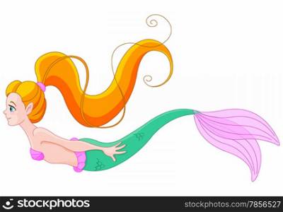 Cute red haired mermaid swimming