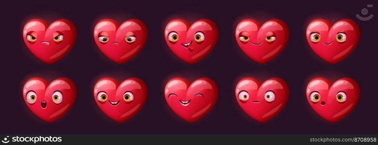 Cute red heart character with different emotions. Symbol of love, affection, romantic relationship. Funny simple heart isolated on black background, vector cartoon set. Cute red heart character with different emotions