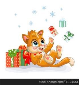 Cute red kitten playing with christmas gifts. Cartoon character. Vector isolated illustration. For print, design, posters, cards, stickers, decor, kids apparel, baby shower and invitation. Christmas cute red kitten play with gifts vector illustration