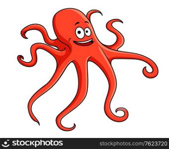 Cute red octopus with curling tentacles and a happy smile, cartoon illustration isolated on white