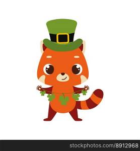 Cute red panda in green leprechaun hat with clover. Irish holiday folklore theme. Cartoon design for cards, decor, shirt, invitation. Vector stock illustration.