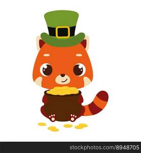 Cute red panda in green≤prechaun hat holds bow≤r with gold coins. Irish holiday folklore theme. Cartoon design for cards, decor, shirt, invitation. Vector stock illustration.