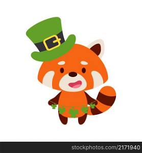 Cute red panda in St. Patrick&rsquo;s Day leprechaun hat holds shamrocks. Irish holiday folklore theme. Cartoon design for cards, decor, shirt, invitation. Vector stock illustration.