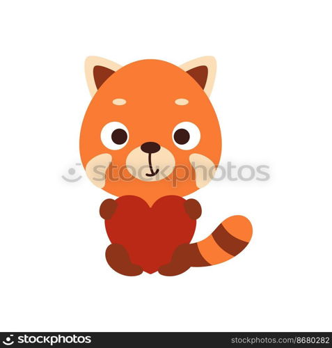 Cute red panda sitting and holding heart on white background. Cartoon animal character for kids t-shirt, nursery decoration, baby shower, greeting card, house interior. Vector stock illustration