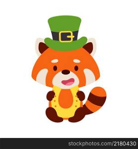 Cute red panda St. Patrick&rsquo;s Day leprechaun hat holds horseshoe. Irish holiday folklore theme. Cartoon design for cards, decor, shirt, invitation. Vector stock illustration.
