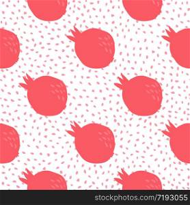 Cute red pomegranate fruit seamless pattern for textile design. Simple pomegranates wallpaper in doodle style on dots background. Cute backdrop. Vector hand drawn illustration.. Cute red pomegranate fruit seamless pattern for textile design. Simple pomegranates wallpaper