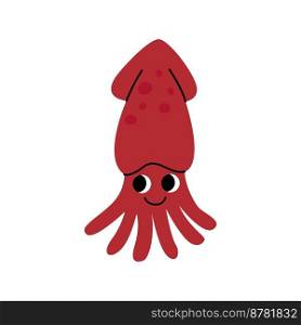 Cute red squid swimming, marine animal. Inhabitants of sea, ocean underwater life. Childish aquatic mammals print for nursery, kids apparel, poster, postcard, pattern. Cartoon vector.