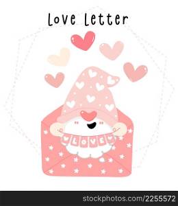 Cute red valentine Gnome boy in love letter with heart love flag garland, cartoon flat vector drawing