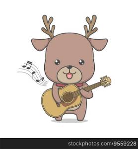 Cute Reindeer Cartoon Character Playing Guitar