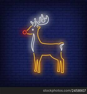 Cute reindeer neon sign. Christmas and New Year Day design. Night bright neon sign, colorful billboard, light banner. Vector illustration in neon style.