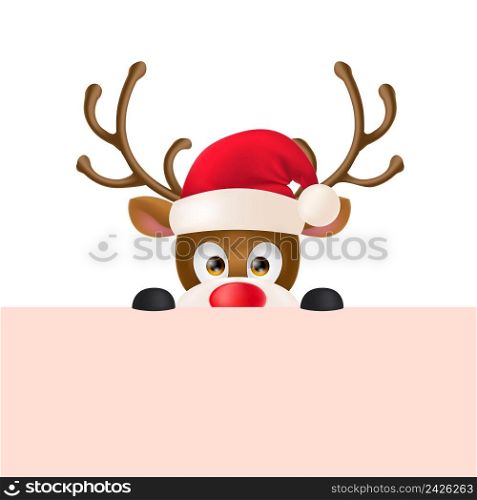 Cute reindeer wearing Santa Claus hat and peeping out. Christmas design element. For greeting cards, posters, leaflets and brochures.