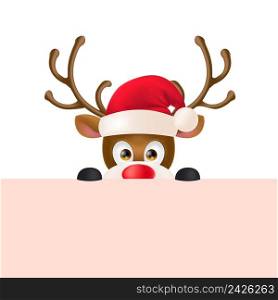 Cute reindeer wearing Santa Claus hat and peeping out. Christmas design element. For greeting cards, posters, leaflets and brochures.