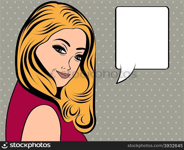 cute retro woman with long blonde hair in comics style, vector illustration
