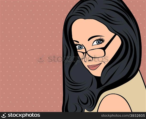 cute retro woman with long hair in comics style , vector illustration