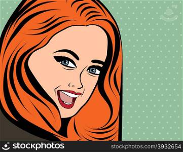 cute retro woman with long red hair in comics style , vector illustration