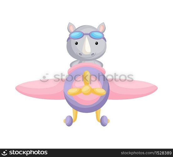 Cute rhino pilot wearing aviator goggles flying an airplane. Graphic element for childrens book, album, scrapbook, postcard, mobile game. Flat vector stock illustration isolated on white background.