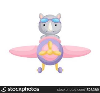 Cute rhino pilot wearing aviator goggles flying an airplane. Graphic element for childrens book, album, scrapbook, postcard, mobile game. Flat vector stock illustration isolated on white background.