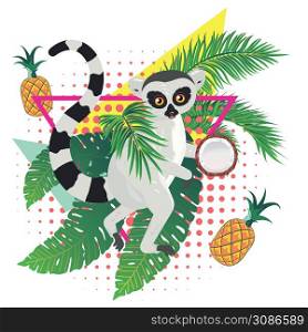 Cute ring tailed gray lemur with tropical leaves and fruits illustration.