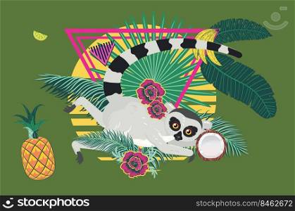 Cute ring tailed gray lemur with tropical leaves and fruits illustration.