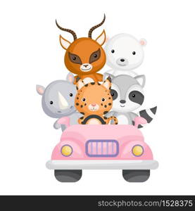 Cute rino, lynx, raccoon, gazelle and polar bear travel in pink car. Graphic element for childrens book, album, postcard, mobile game. Zoo theme. Flat vector illustration isolated on white background.